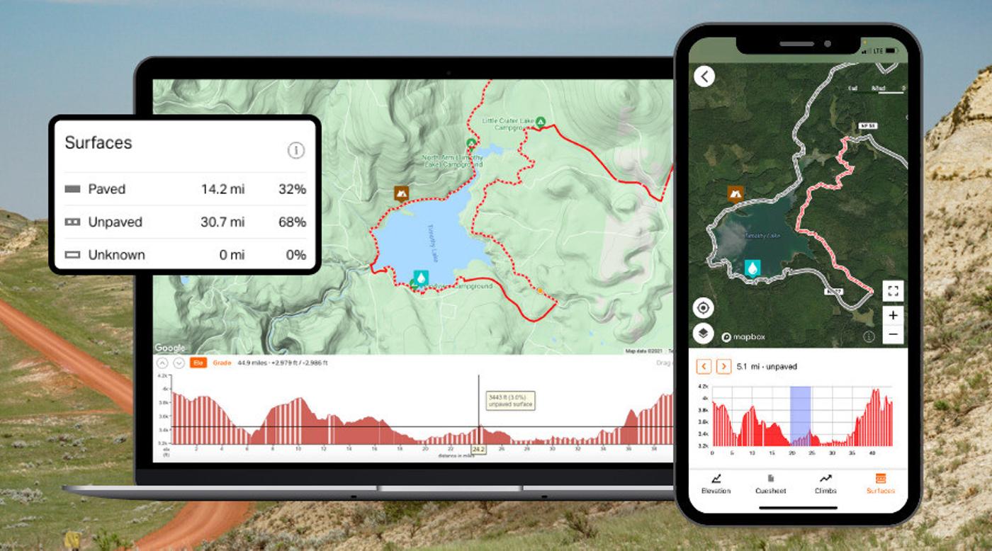 picture of phone and laptop showing screenshots of Ride with GPS new surface type feature